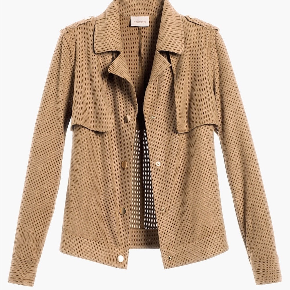 Chico’s Size 0 Foiled Perforated Faux Suede Jacket Tan Metallic